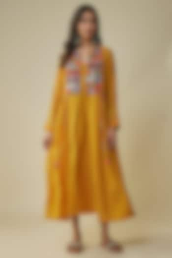 Yellow Fine Chanderi Hand Embroidered Jacket Dress by Half Full Curve at Pernia's Pop Up Shop