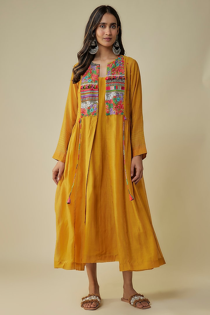 Yellow Fine Chanderi Hand Embroidered Jacket Dress by Half Full Curve at Pernia's Pop Up Shop