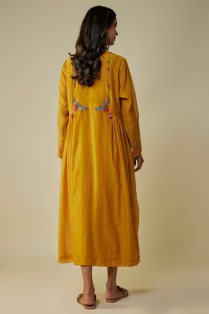 Yellow Fine Chanderi Hand Embroidered Jacket Cocktail Dress by Half Full Curve at Pernia's Pop Up Shop