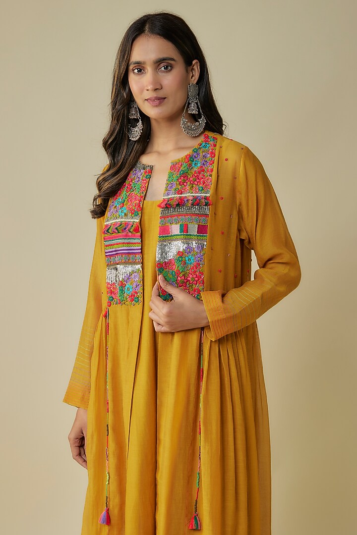 Yellow Fine Chanderi Hand Embroidered Jacket Cocktail Dress by Half Full Curve at Pernia's Pop Up Shop