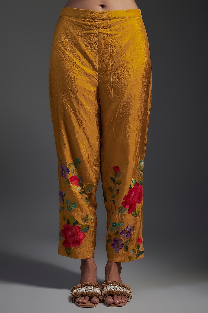 Yellow Pure Silk Hand Embroidered Kurta Set by Half Full Curve at Pernia's Pop Up Shop