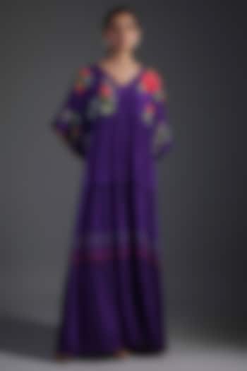 Purple Crepe Chiffon Embroidered Tiered Maxi Cocktail Dress by Half Full Curve at Pernia's Pop Up Shop