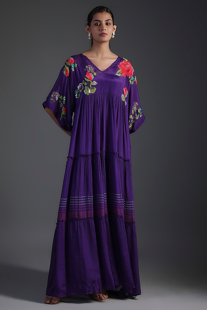 Purple Crepe Chiffon Embroidered Tiered Maxi Cocktail Dress by Half Full Curve at Pernia's Pop Up Shop