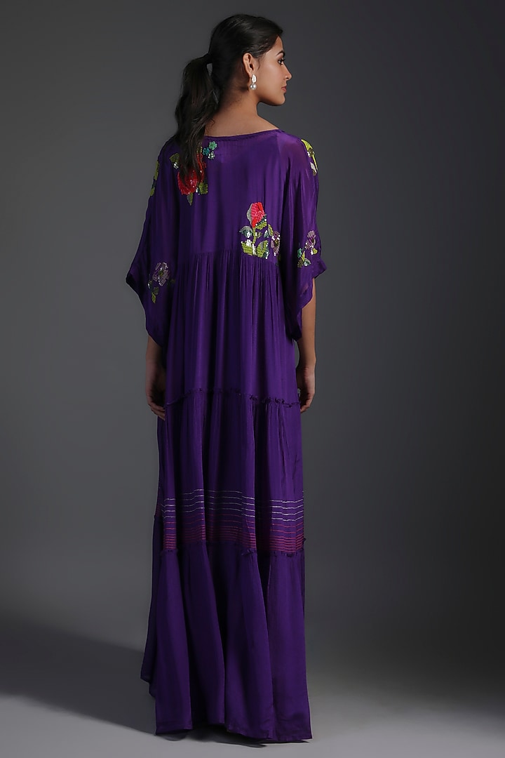 Purple Crepe Chiffon Embroidered Tiered Maxi Cocktail Dress by Half Full Curve at Pernia's Pop Up Shop