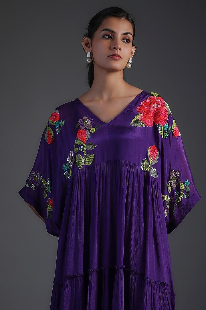 Purple Crepe Chiffon Embroidered Tiered Maxi Cocktail Dress by Half Full Curve at Pernia's Pop Up Shop