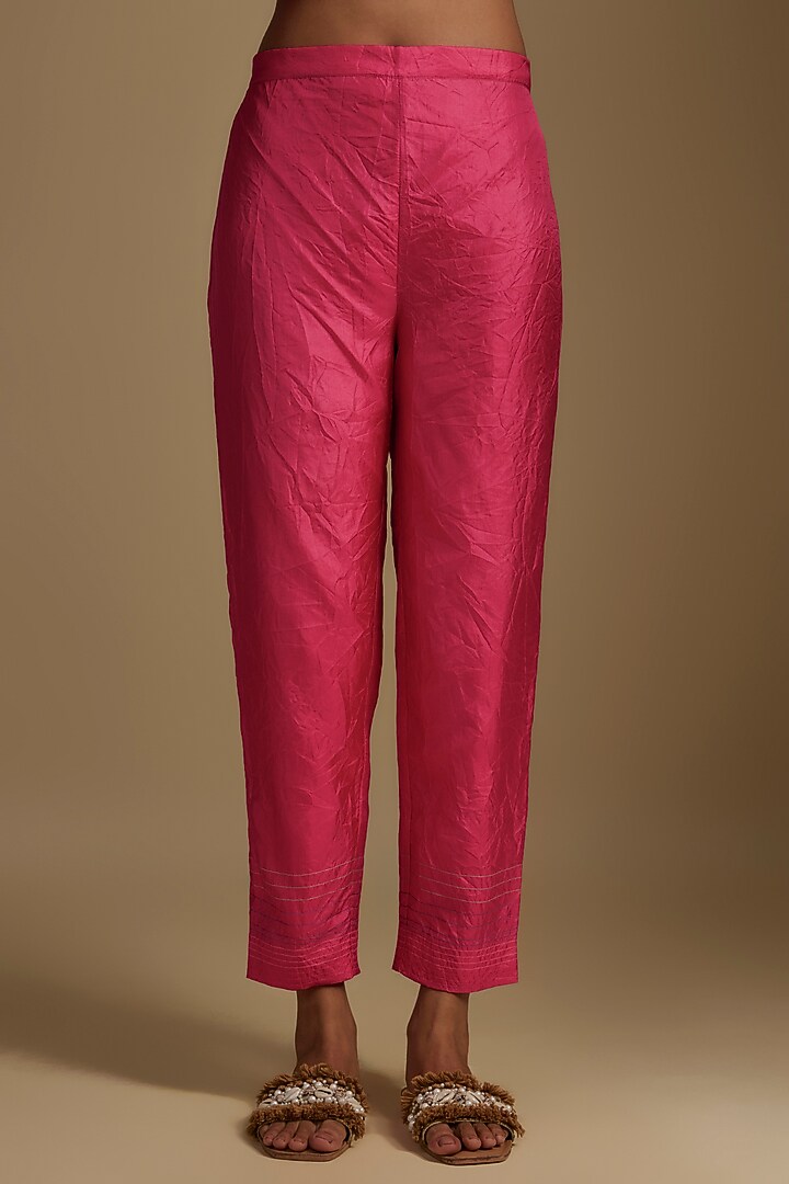 Pink Pure Silk Hand Embroidered Kurta Set by Half Full Curve at Pernia's Pop Up Shop
