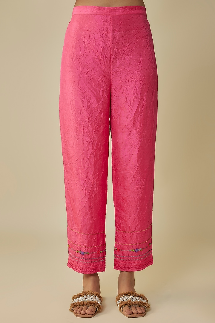 Pink Pure Silk Hand Embroidered Kurta Set by Half Full Curve at Pernia's Pop Up Shop