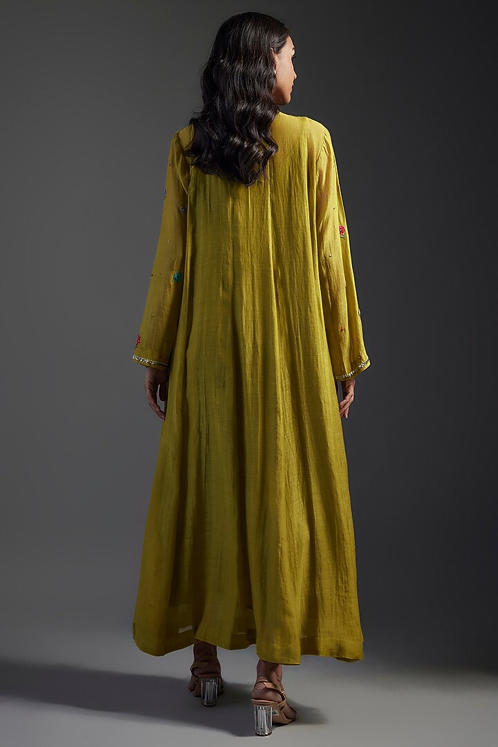 Green Fine Chanderi Hand Embroidered Party Wear Anarkali by Half Full Curve at Pernia's Pop Up Shop