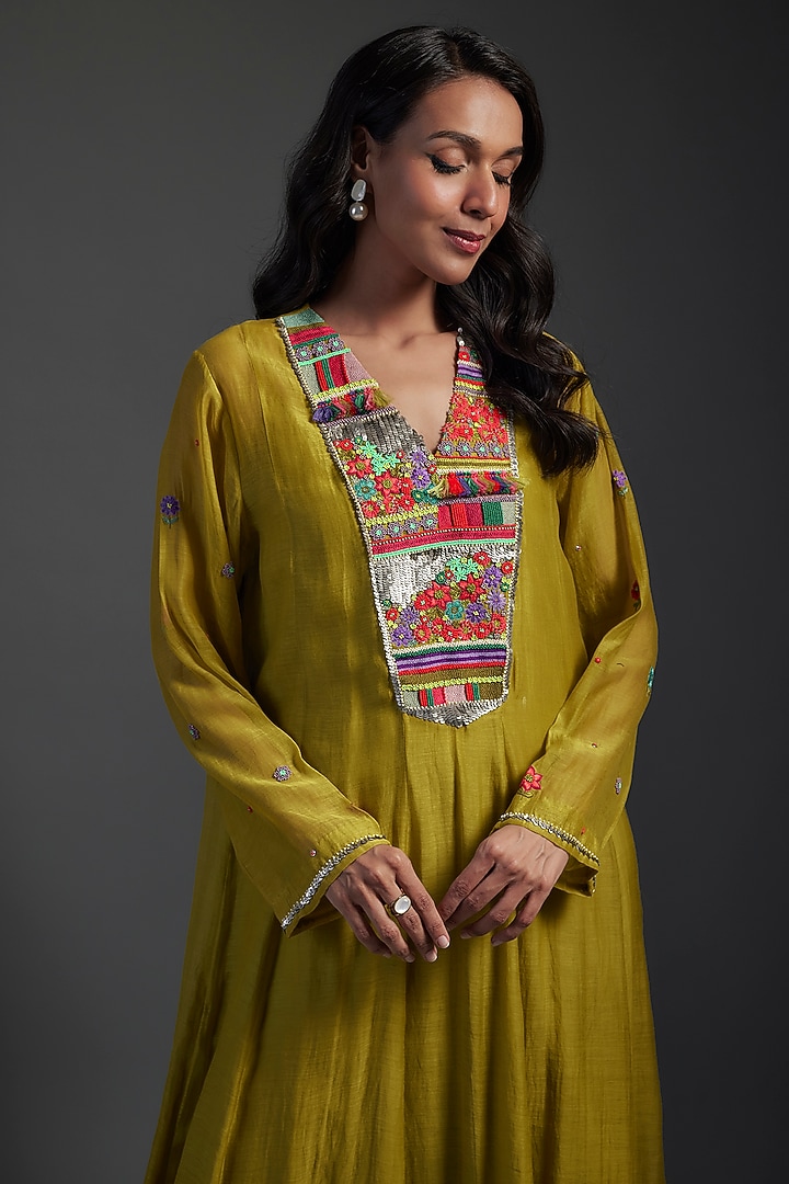 Green Fine Chanderi Hand Embroidered Party Wear Anarkali by Half Full Curve at Pernia's Pop Up Shop