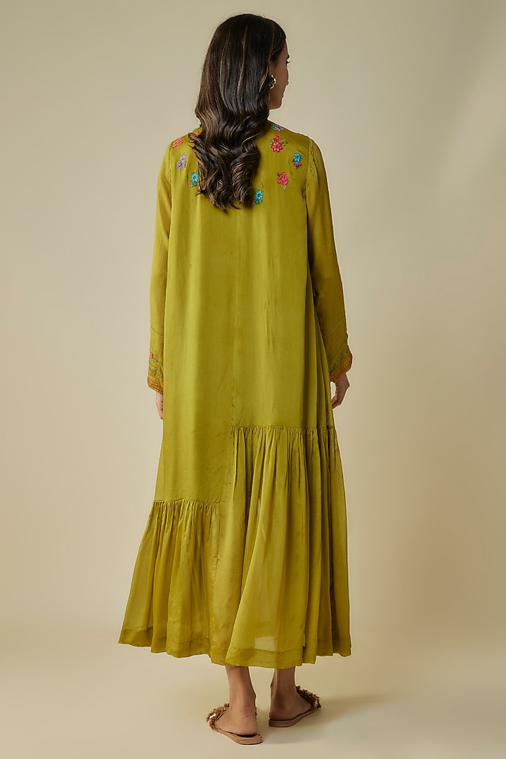Green Crepe Chiffon Hand Embroidered Vacation Dress by Half Full Curve at Pernia's Pop Up Shop
