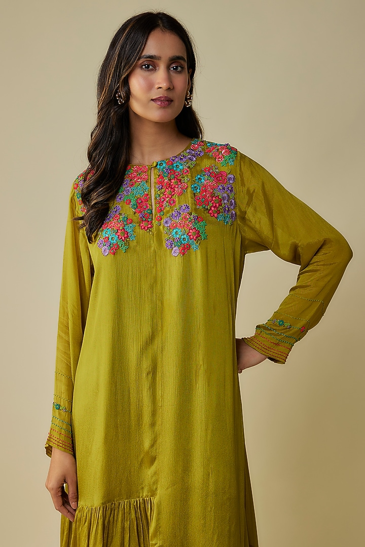 Green Crepe Chiffon Hand Embroidered Vacation Dress by Half Full Curve at Pernia's Pop Up Shop
