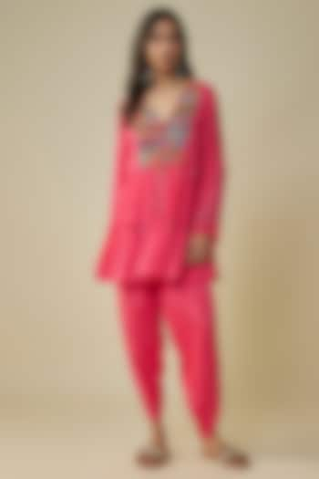 Pink Crepe Chiffon Hand Embroidered Peplum Kurta Set by Half Full Curve at Pernia's Pop Up Shop