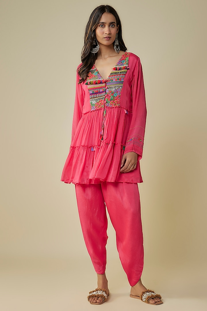 Pink Crepe Chiffon Hand Embroidered Peplum Kurta Set by Half Full Curve at Pernia's Pop Up Shop