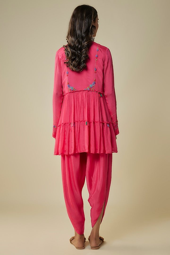 Pink Crepe Chiffon Hand Embroidered Peplum Kurta Set by Half Full Curve at Pernia's Pop Up Shop