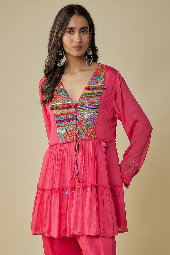 Pink Crepe Chiffon Hand Embroidered Peplum Kurta Set by Half Full Curve at Pernia's Pop Up Shop