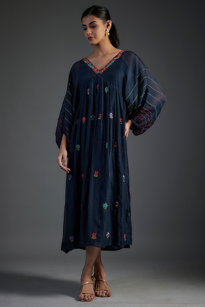 Blue Fine Chanderi Hand Embroidered Midi Dress by Half Full Curve at Pernia's Pop Up Shop