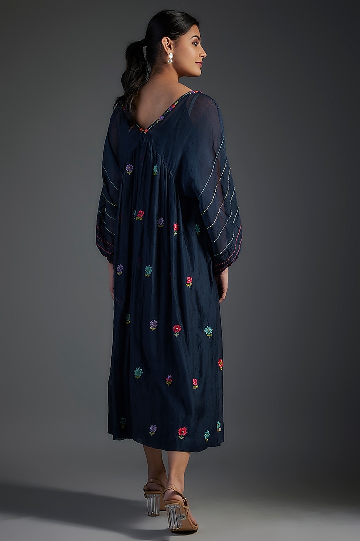 Blue Fine Chanderi Hand Embroidered Midi Vacation Dress by Half Full Curve at Pernia's Pop Up Shop