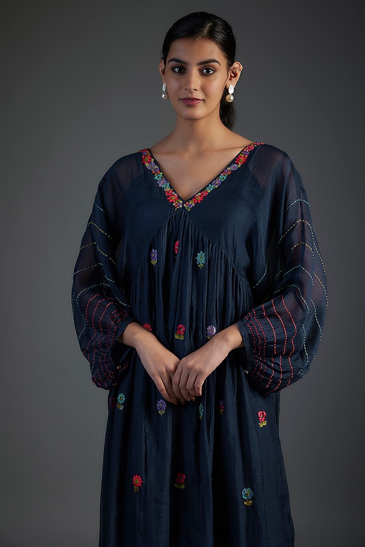 Blue Fine Chanderi Hand Embroidered Midi Vacation Dress by Half Full Curve at Pernia's Pop Up Shop
