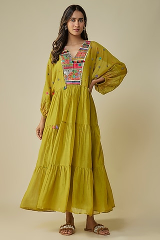Green Fine Chanderi Hand Embroidered Dress by Half Full Curve