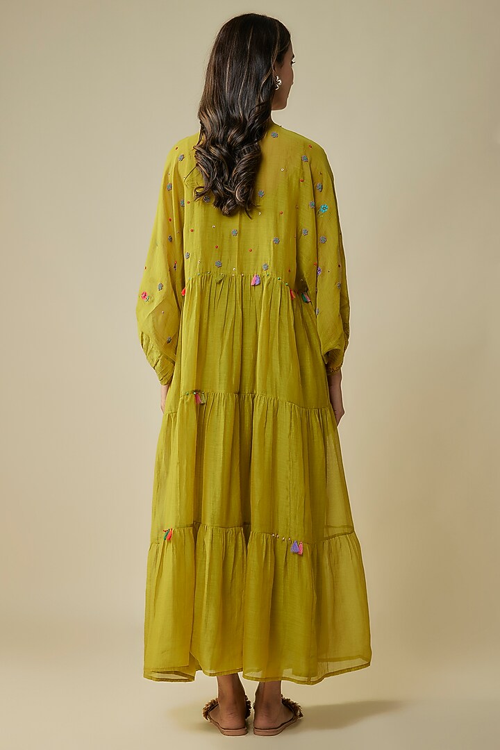 Green Fine Chanderi Hand Embroidered Vacation Dress by Half Full Curve at Pernia's Pop Up Shop