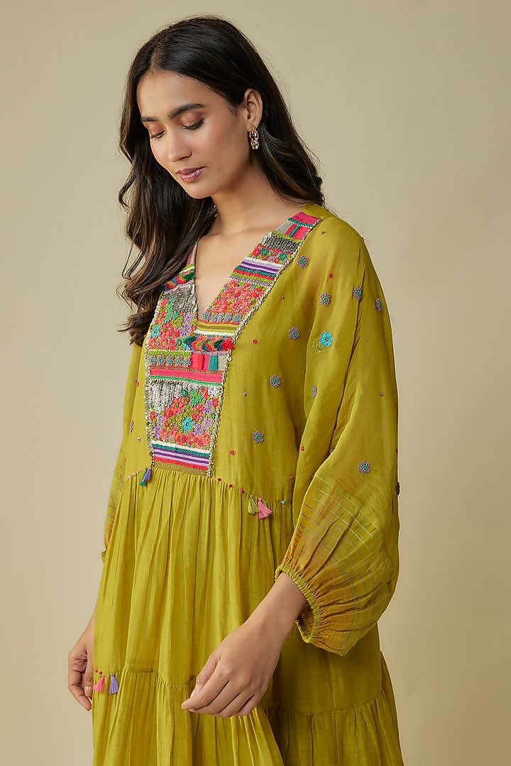 Green Fine Chanderi Hand Embroidered Vacation Dress by Half Full Curve at Pernia's Pop Up Shop