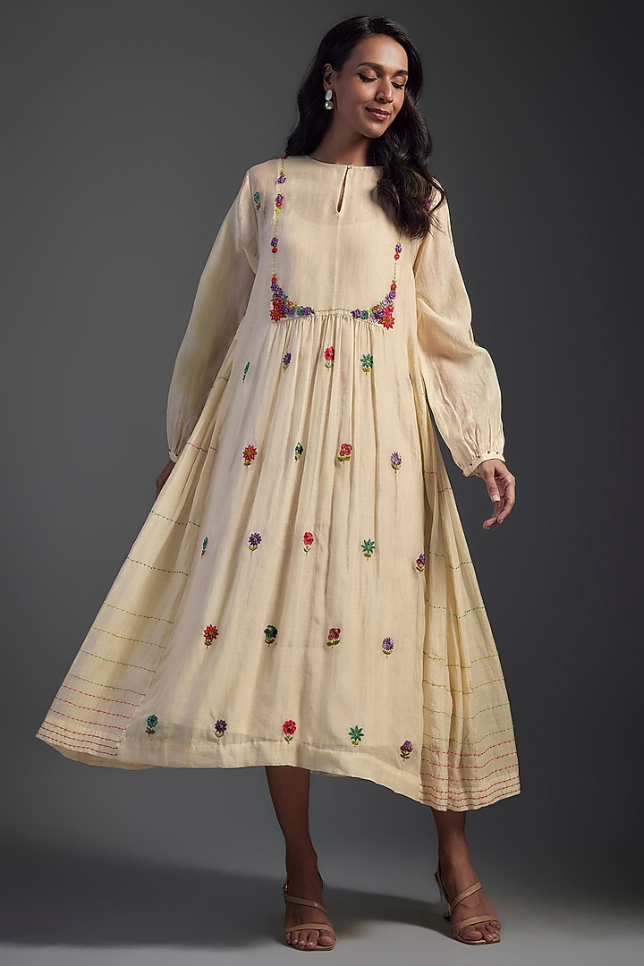 Ivory Fine Chanderi Hand Embroidered Midi Vacation Dress by Half Full Curve at Pernia's Pop Up Shop