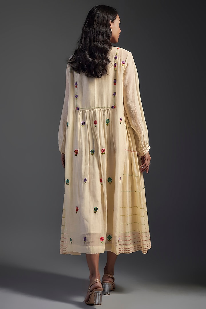 Ivory Fine Chanderi Hand Embroidered Midi Dress by Half Full Curve at Pernia's Pop Up Shop