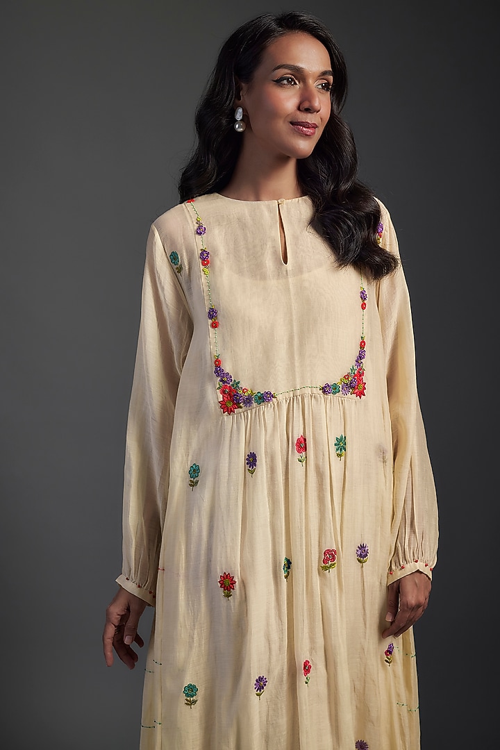 Ivory Fine Chanderi Hand Embroidered Midi Vacation Dress by Half Full Curve at Pernia's Pop Up Shop