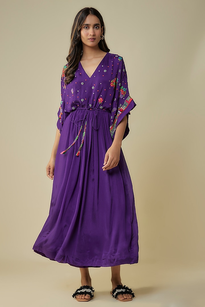 Purple Crepe Chiffon Hand Embroidered Dress by Half Full Curve at Pernia's Pop Up Shop