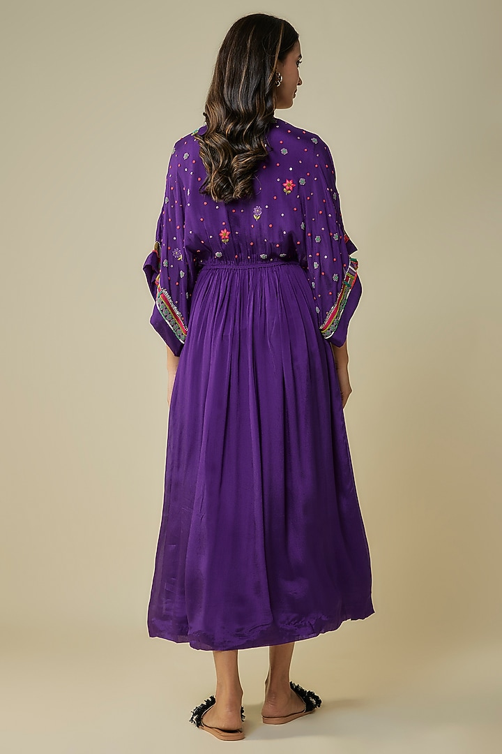 Purple Crepe Chiffon Hand Embroidered Vacation Dress by Half Full Curve at Pernia's Pop Up Shop