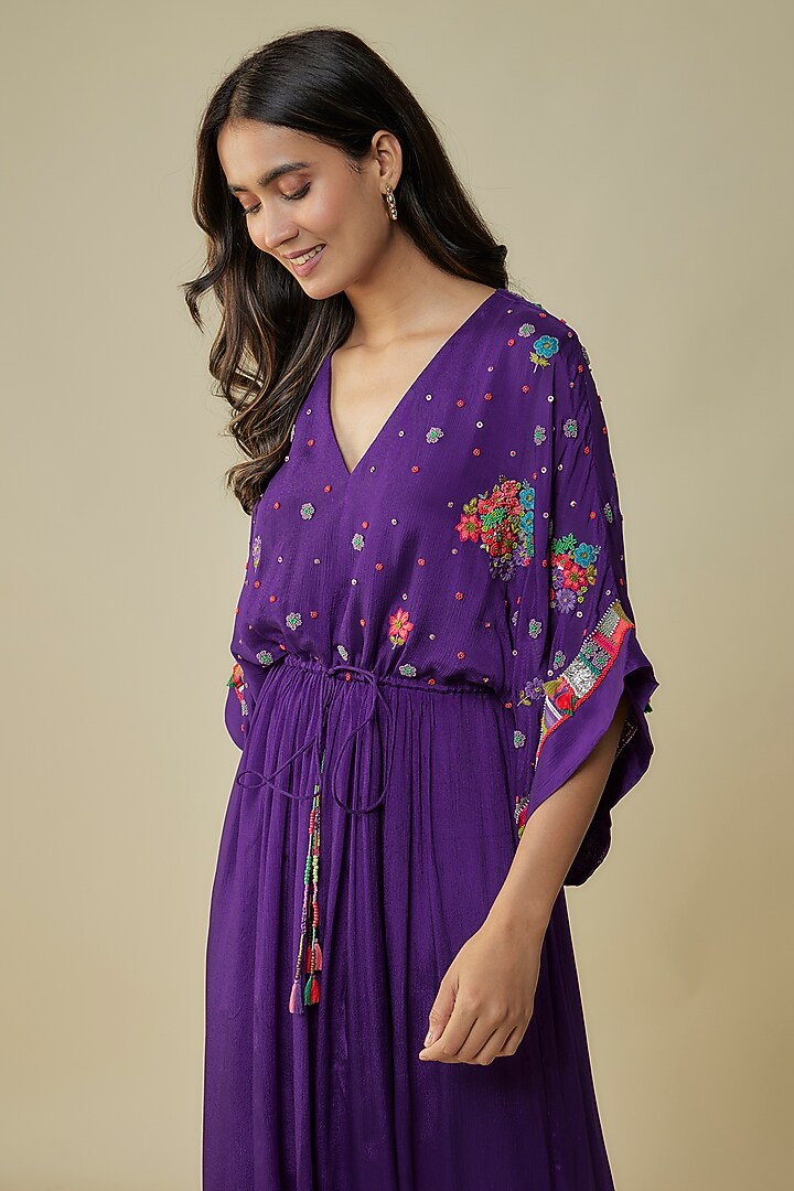 Purple Crepe Chiffon Hand Embroidered Vacation Dress by Half Full Curve at Pernia's Pop Up Shop