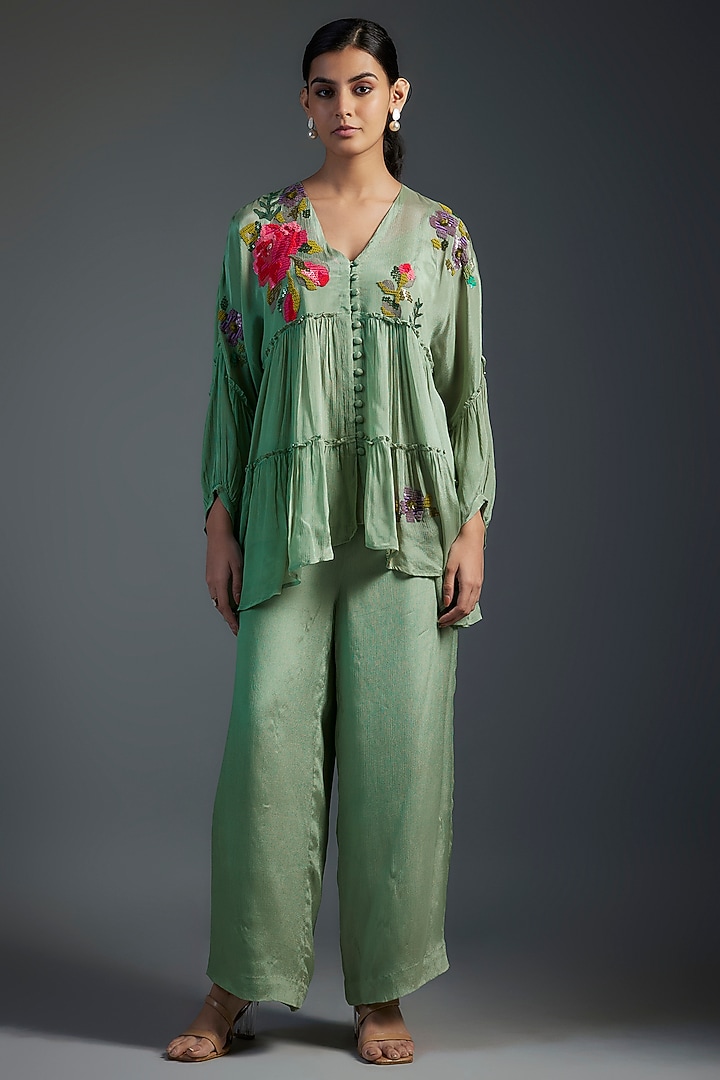 Green Crepe Chiffon Hand Embroidered Co-Ord Set by Half Full Curve at Pernia's Pop Up Shop