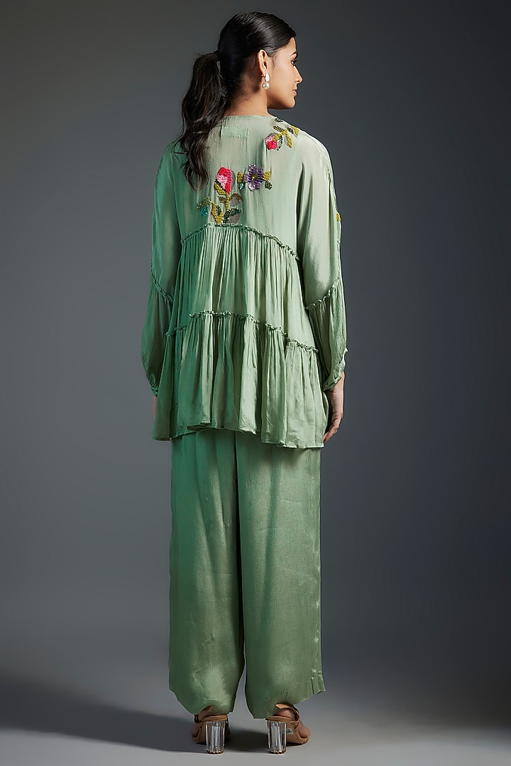 Green Crepe Chiffon Hand Embroidered Co-Ord Set by Half Full Curve at Pernia's Pop Up Shop
