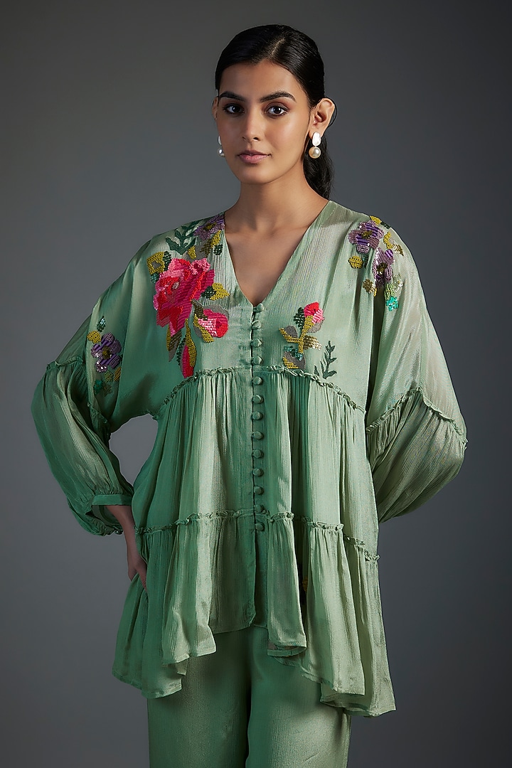 Green Crepe Chiffon Hand Embroidered Co-Ord Set by Half Full Curve at Pernia's Pop Up Shop