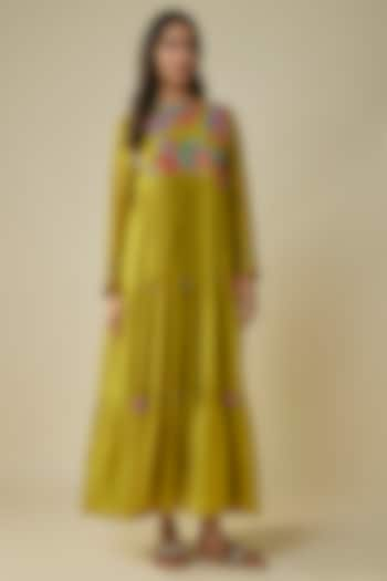 Green Fine Chanderi Hand Embroidered Tiered Dress by Half Full Curve at Pernia's Pop Up Shop