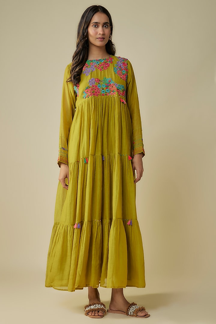 Green Fine Chanderi Hand Embroidered Tiered Dress by Half Full Curve at Pernia's Pop Up Shop