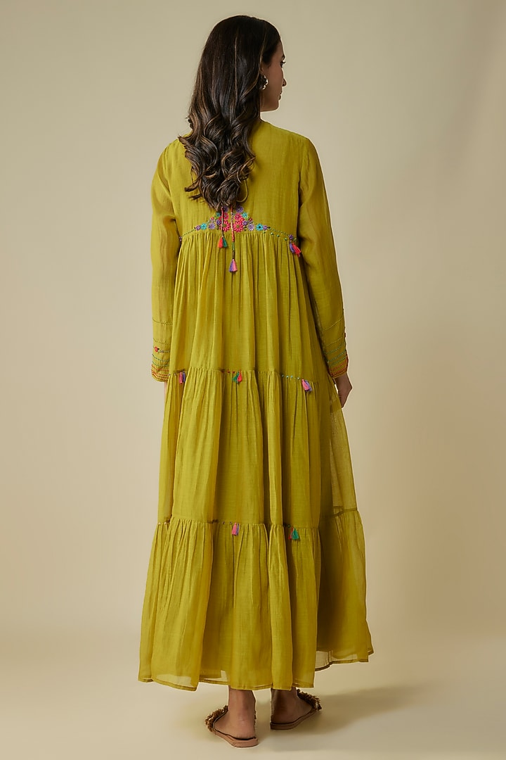 Green Fine Chanderi Hand Embroidered Tiered Vacation Dress by Half Full Curve at Pernia's Pop Up Shop