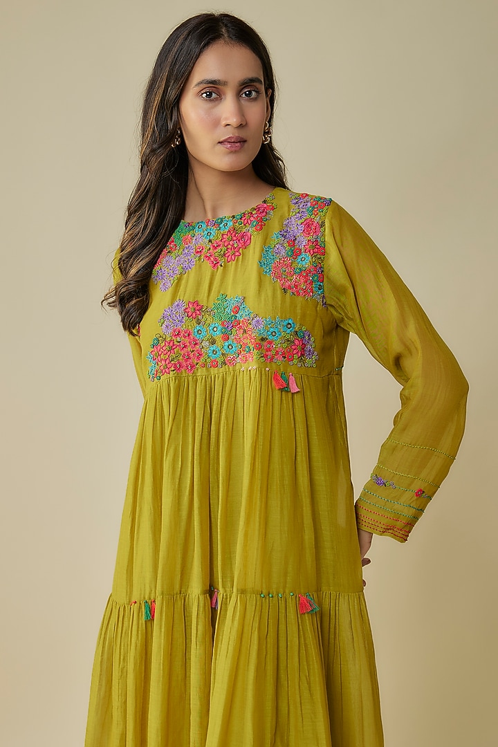 Green Fine Chanderi Hand Embroidered Tiered Vacation Dress by Half Full Curve at Pernia's Pop Up Shop