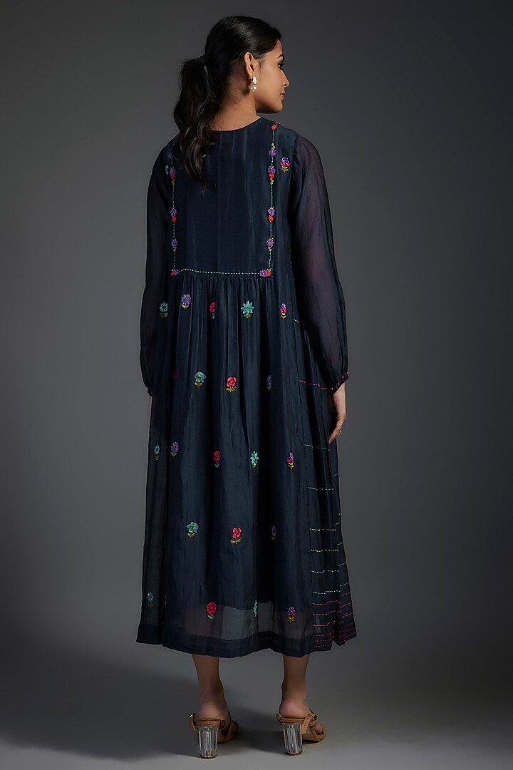 Blue Fine Chanderi Hand Embroidered Midi Vacation Dress by Half Full Curve at Pernia's Pop Up Shop