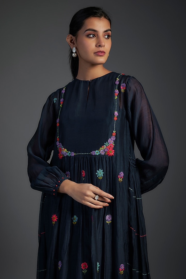 Blue Fine Chanderi Hand Embroidered Midi Vacation Dress by Half Full Curve at Pernia's Pop Up Shop