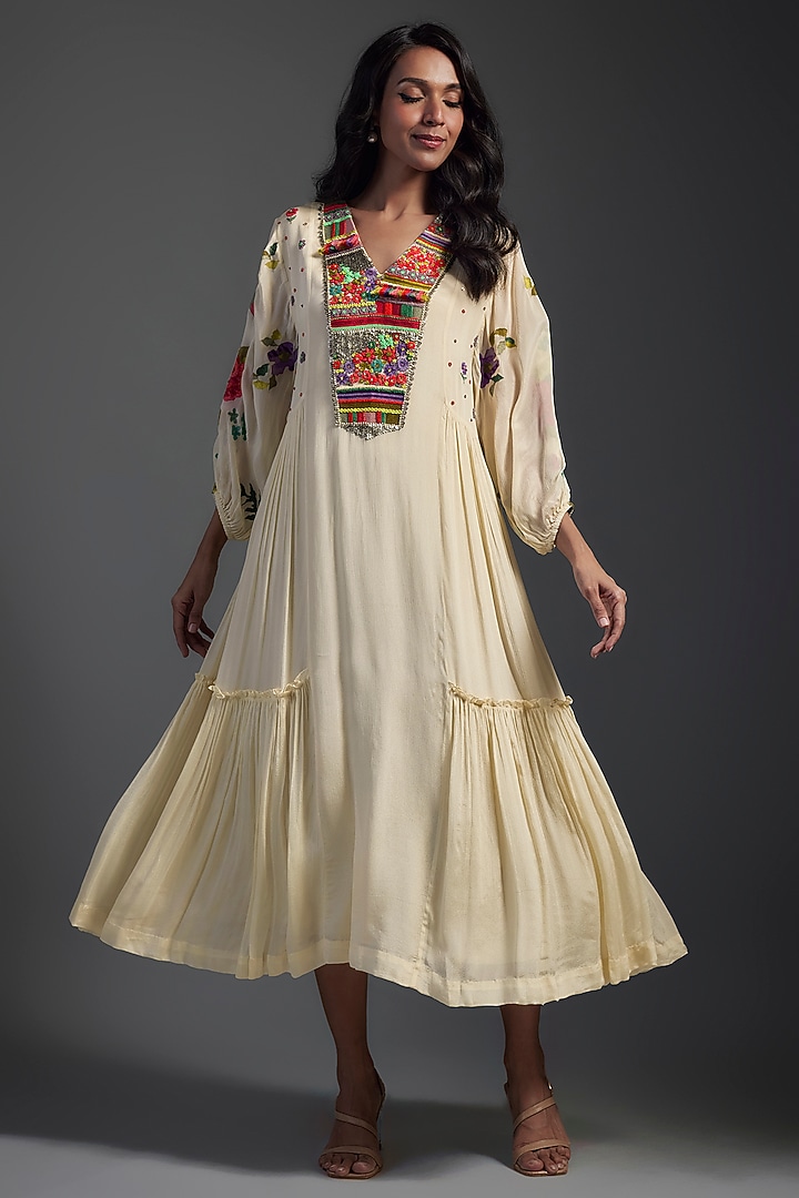Ivory Crepe Chiffon Hand Embroidered Midi Cocktail Dress by Half Full Curve at Pernia's Pop Up Shop
