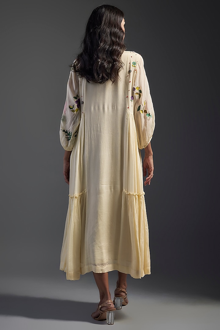 Ivory Crepe Chiffon Hand Embroidered Midi Cocktail Dress by Half Full Curve at Pernia's Pop Up Shop