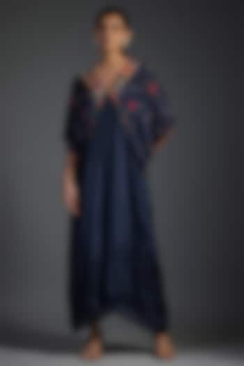 Blue Crepe Chiffon Hand Embroidered Kaftan by Half Full Curve at Pernia's Pop Up Shop