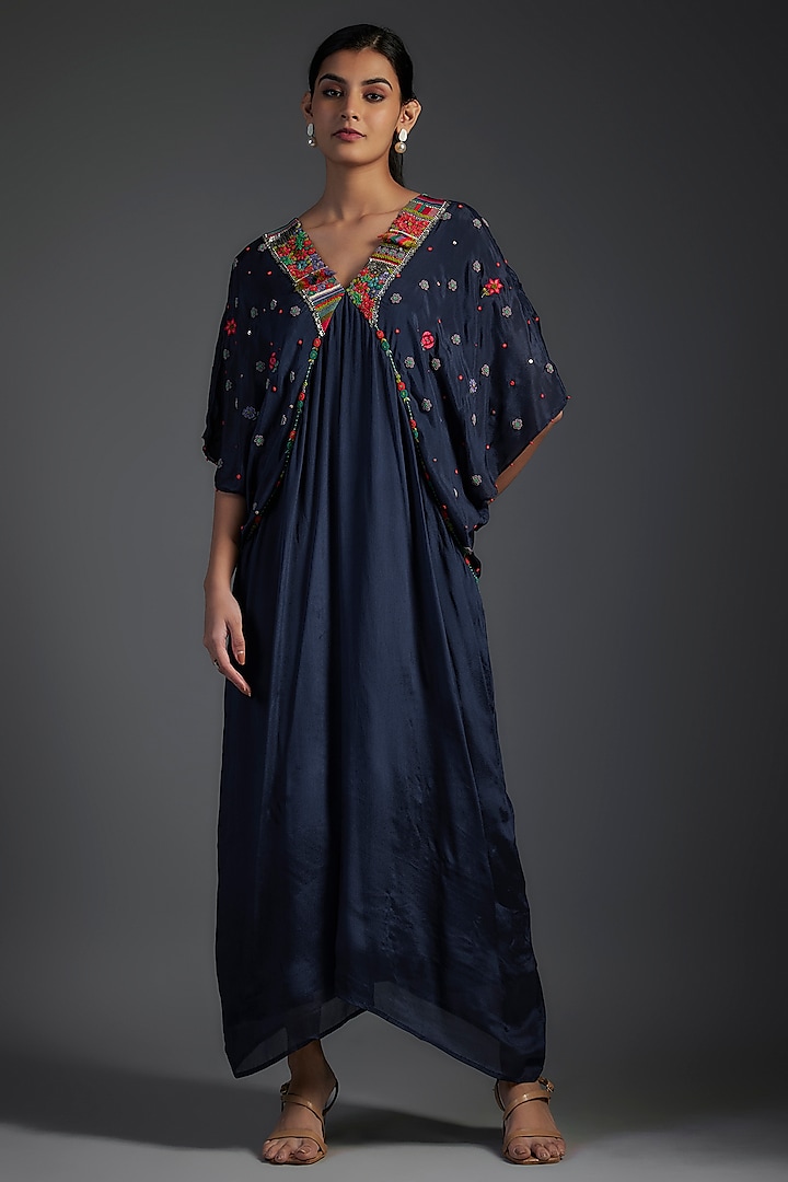 Blue Crepe Chiffon Hand Embroidered Kaftan by Half Full Curve at Pernia's Pop Up Shop