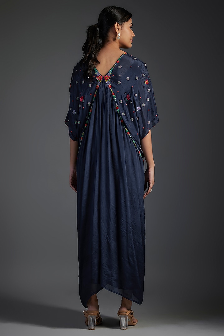 Blue Crepe Chiffon Hand Embroidered Kaftan by Half Full Curve at Pernia's Pop Up Shop