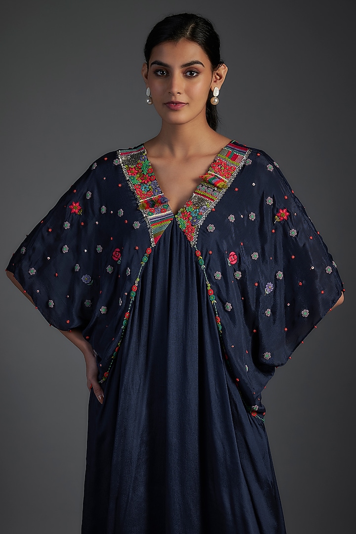 Blue Crepe Chiffon Hand Embroidered Kaftan by Half Full Curve at Pernia's Pop Up Shop
