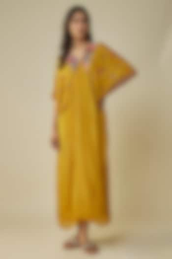 Yellow Crepe Chiffon Hand Embroidered Kaftan by Half Full Curve at Pernia's Pop Up Shop