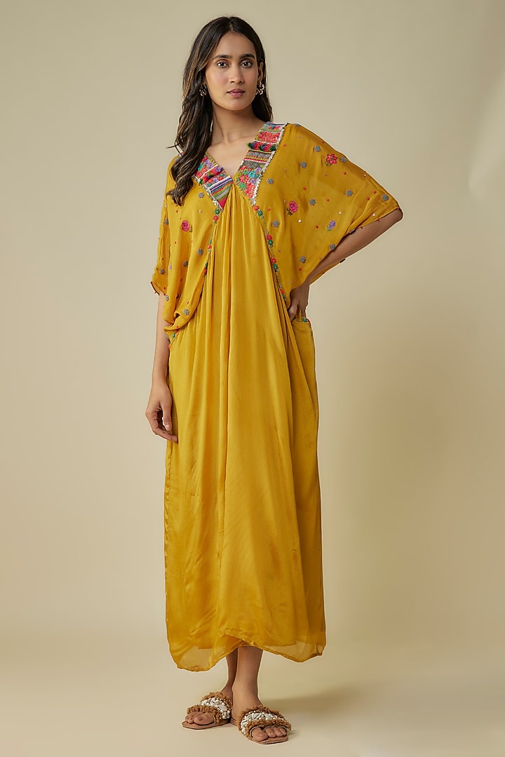 Yellow Crepe Chiffon Hand Embroidered Kaftan by Half Full Curve at Pernia's Pop Up Shop