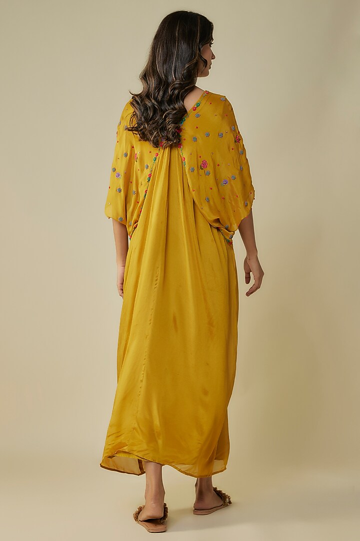 Yellow Crepe Chiffon Hand Embroidered Kaftan by Half Full Curve at Pernia's Pop Up Shop
