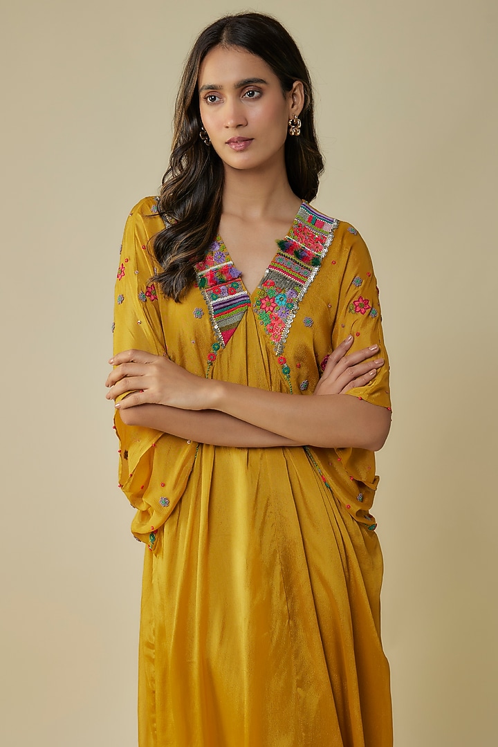 Yellow Crepe Chiffon Hand Embroidered Kaftan by Half Full Curve at Pernia's Pop Up Shop